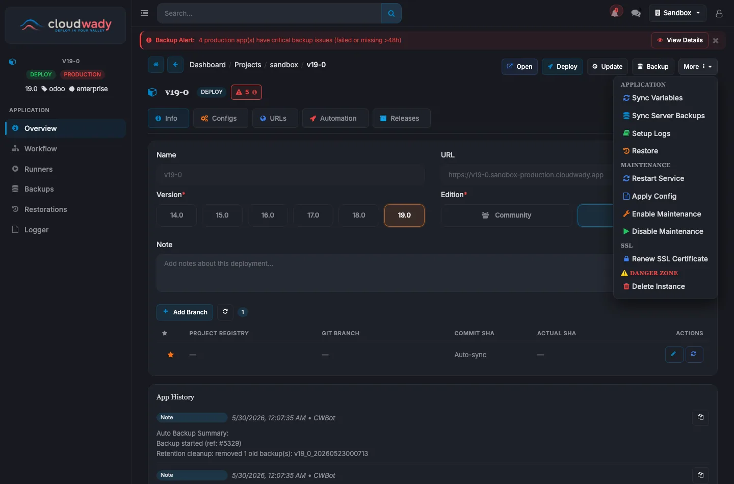 App header actions and More menu