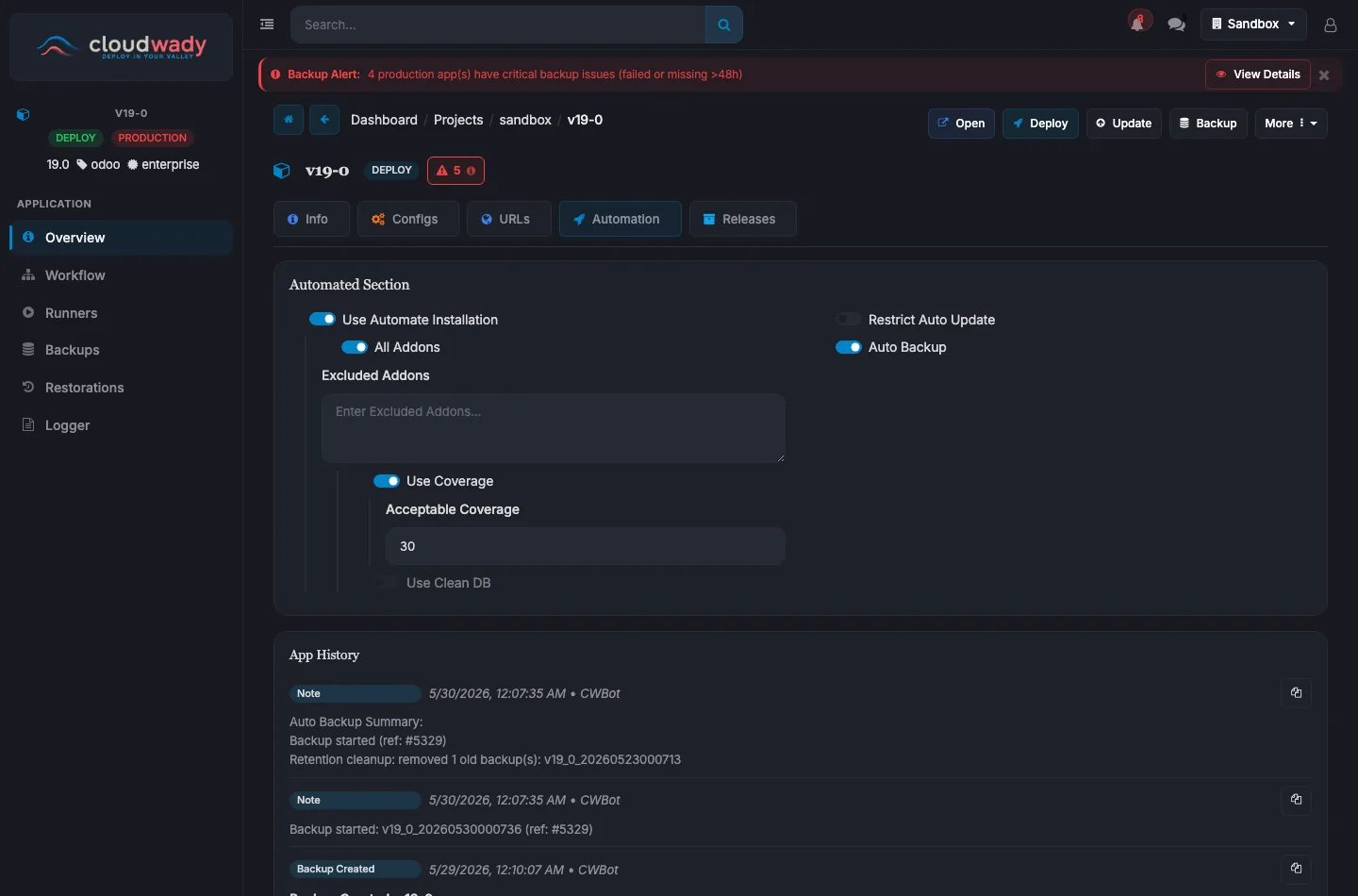 App Automation tab