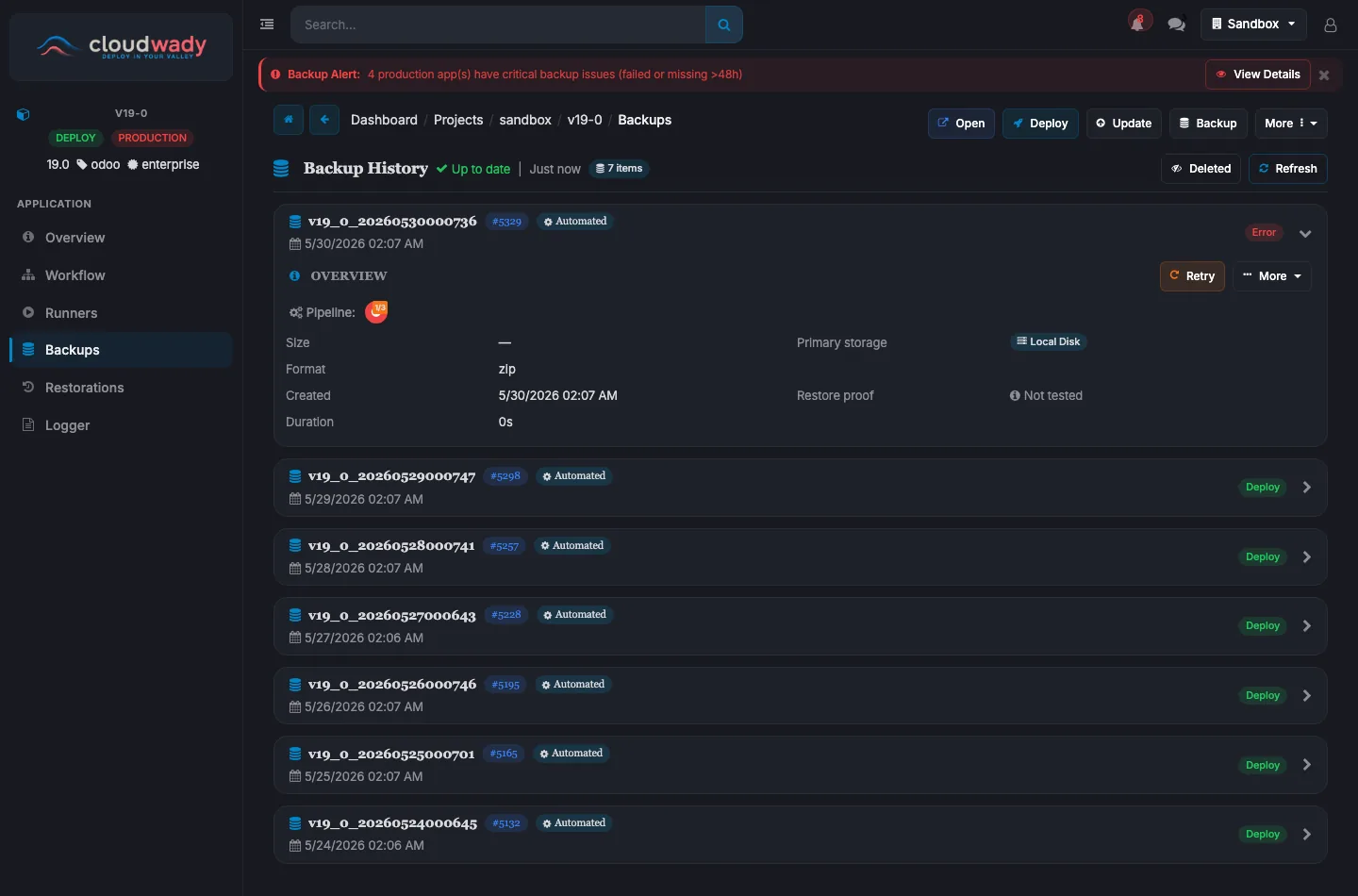 App Backups tab — backup history with status, storage and actions