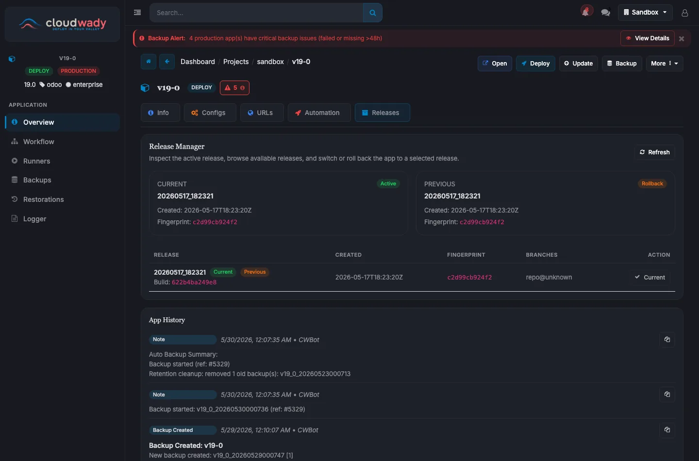 App Releases tab — Release Manager