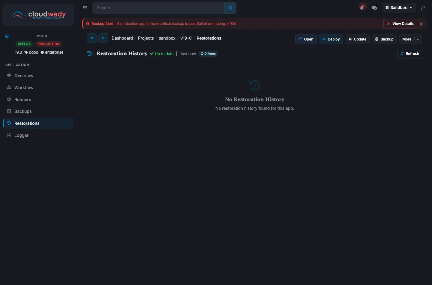App Restorations tab — restoration history