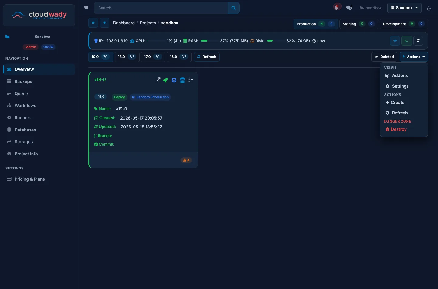 Environment tab with the Actions dropdown open, showing the Settings entry under Views