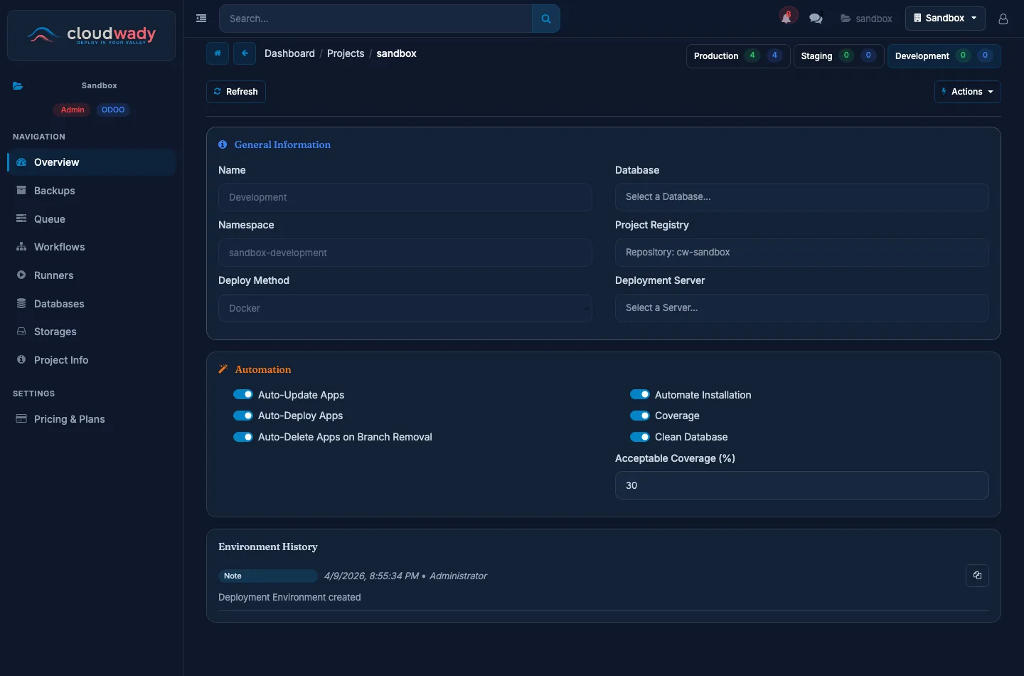 Environment settings — Automation card with the Auto-Update Apps, Auto-Deploy Apps and Auto-Delete Apps on Branch Removal switches