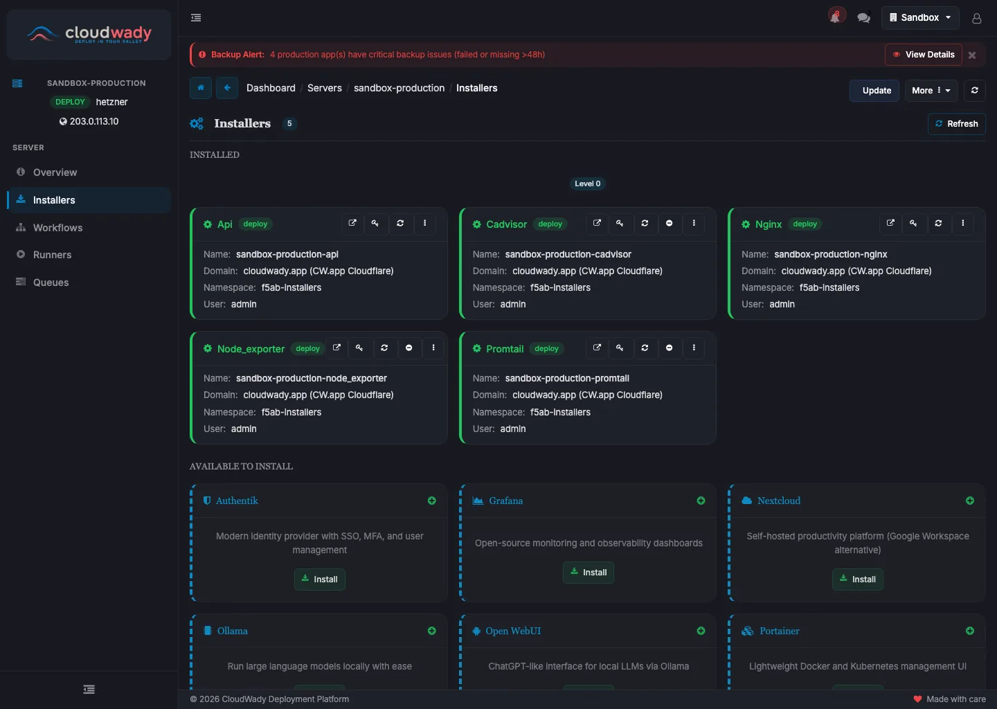 Server Installers — installed and available side-services (Nginx, Grafana, Prometheus, …)